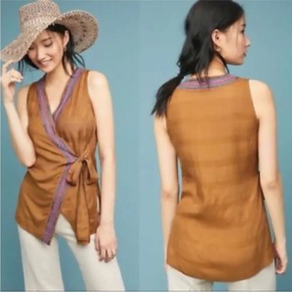ANTHROPOLOGIE | MAEVE Lucian’s Brown Embroidered Wrap Top Women’s Size Small